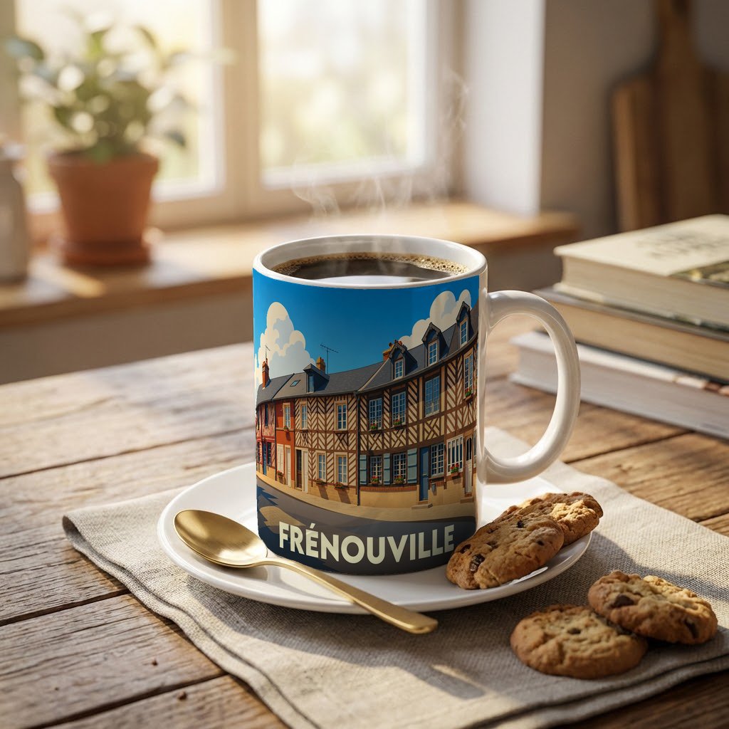 Mug souvenir de la ville de Frénouville avec une illustration stylisée de maisons à colombages.