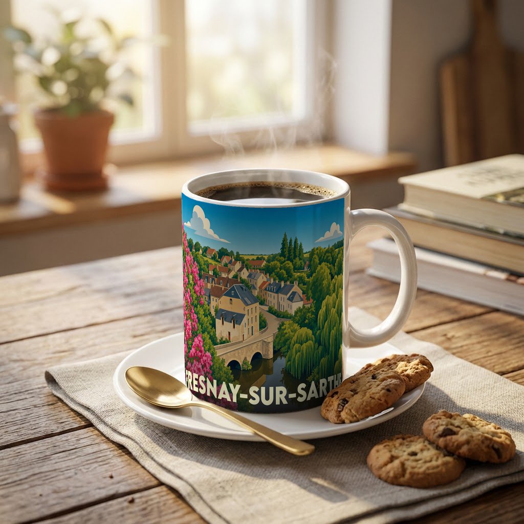 Mug souvenir de la ville de Fresnay-sur-Sarthe avec une illustration stylisée.