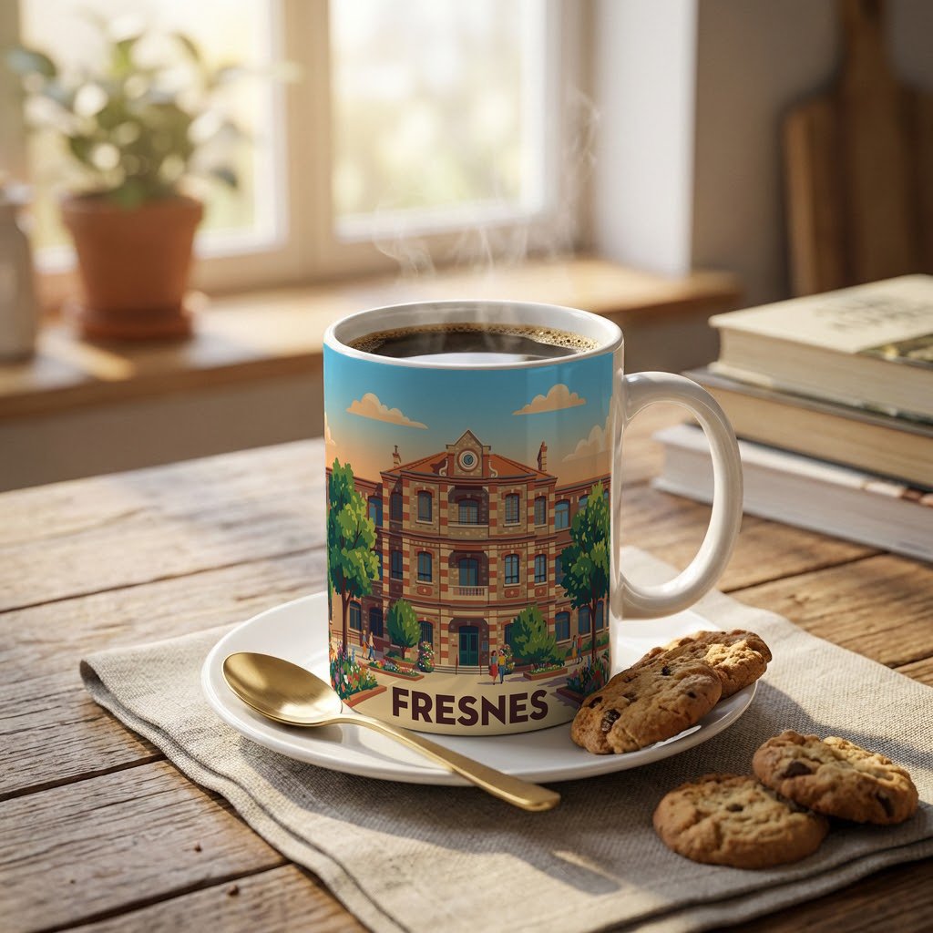 Mug souvenir de la ville de Fresnes orné d'une illustration stylisée et colorée de son architecture.