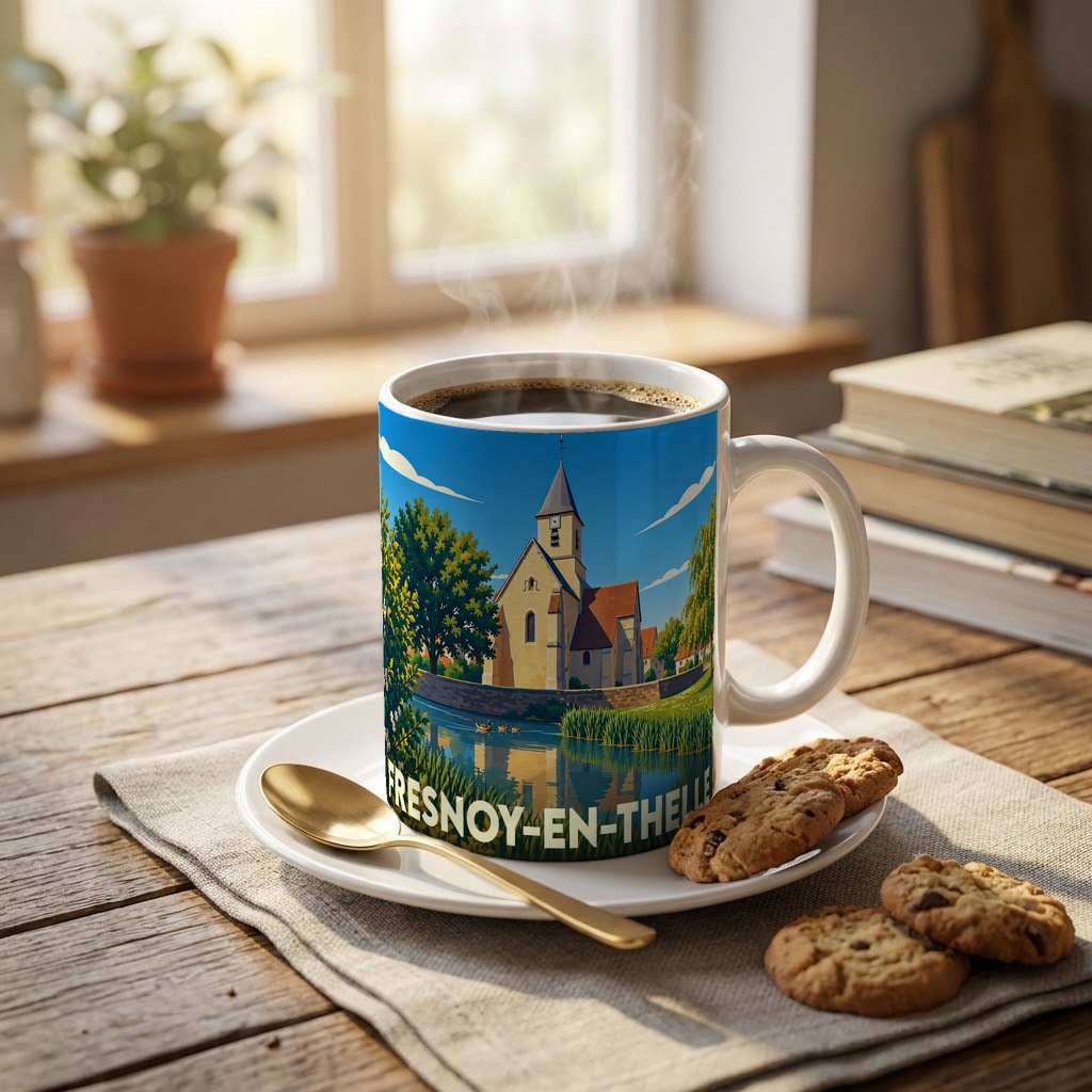Mug souvenir de la ville de Fresnoy-en-Thelle avec une illustration stylisée d'une église au bord de l'eau.