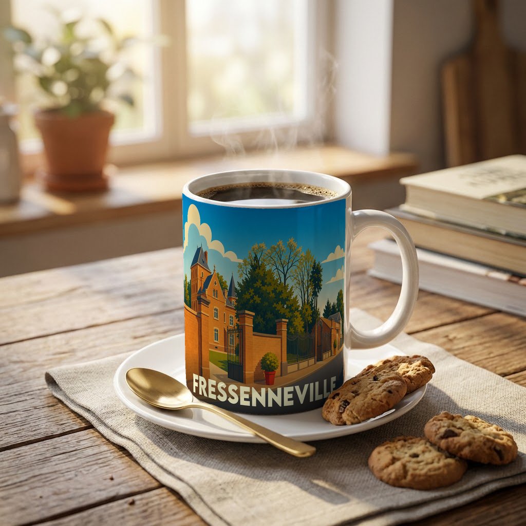 Mug souvenir de la ville de Fressenneville avec une illustration colorée et stylisée de son patrimoine architectural.