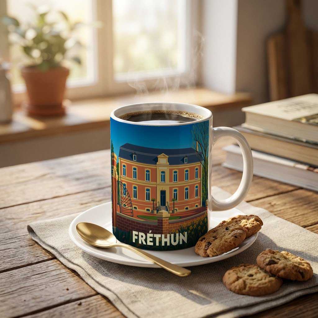 Mug souvenir de la ville de Fréthun orné d'une illustration stylisée d'un bâtiment remarquable.