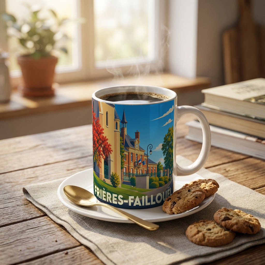 Mug souvenir de la ville de Frières-Faillouël avec une illustration colorée représentant l'hôtel de ville.