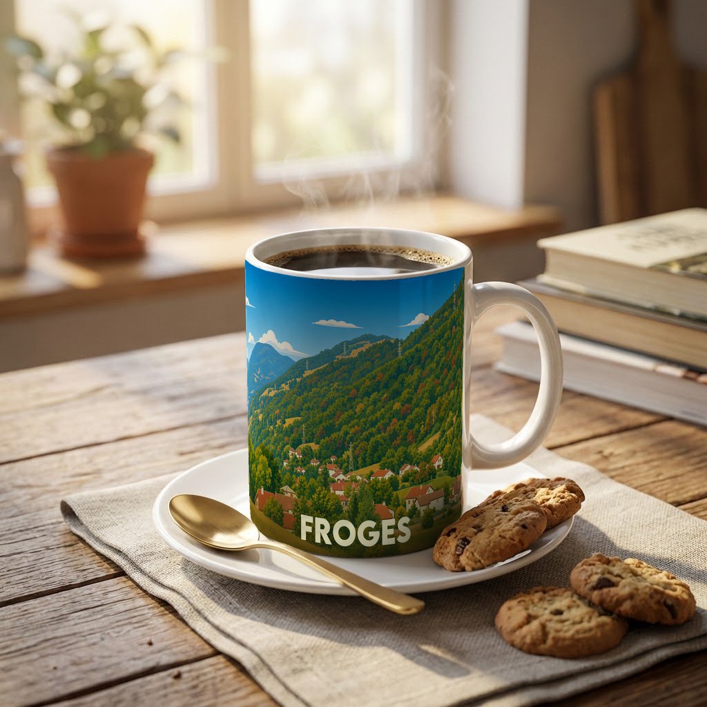 Mug souvenir de la ville de Froges illustré d'un paysage de montagne verdoyant.