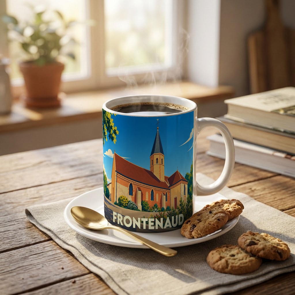 Mug souvenir de la ville de Frontenaud orné d'une illustration stylisée de son église.