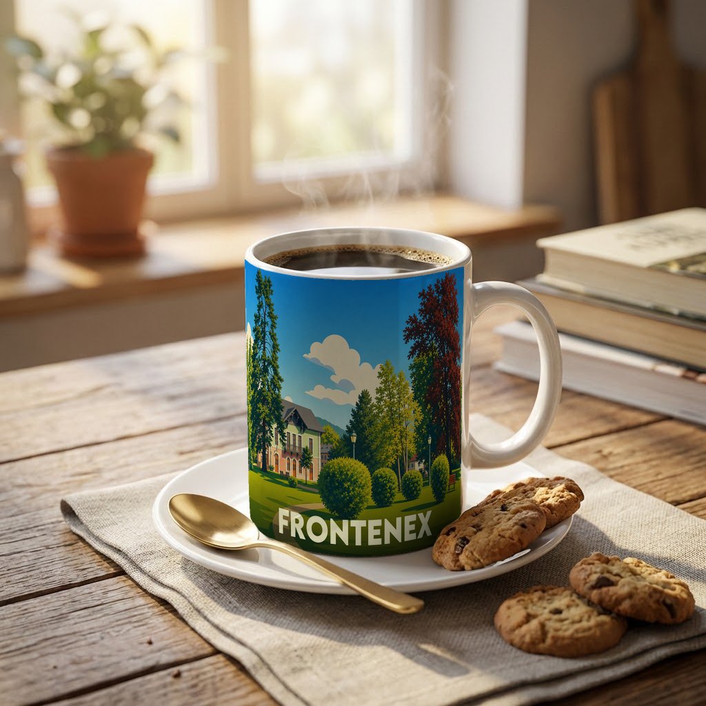 Mug souvenir de la ville de Frontenex avec une illustration stylisée de son paysage urbain et de sa nature.