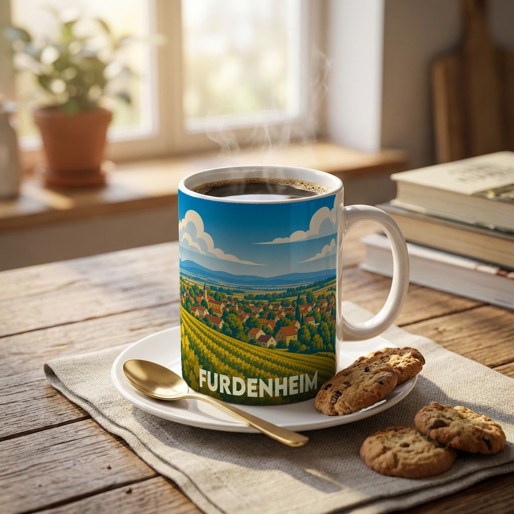 Mug souvenir de la ville de Furdenheim illustré d'un paysage de village et de vignobles.