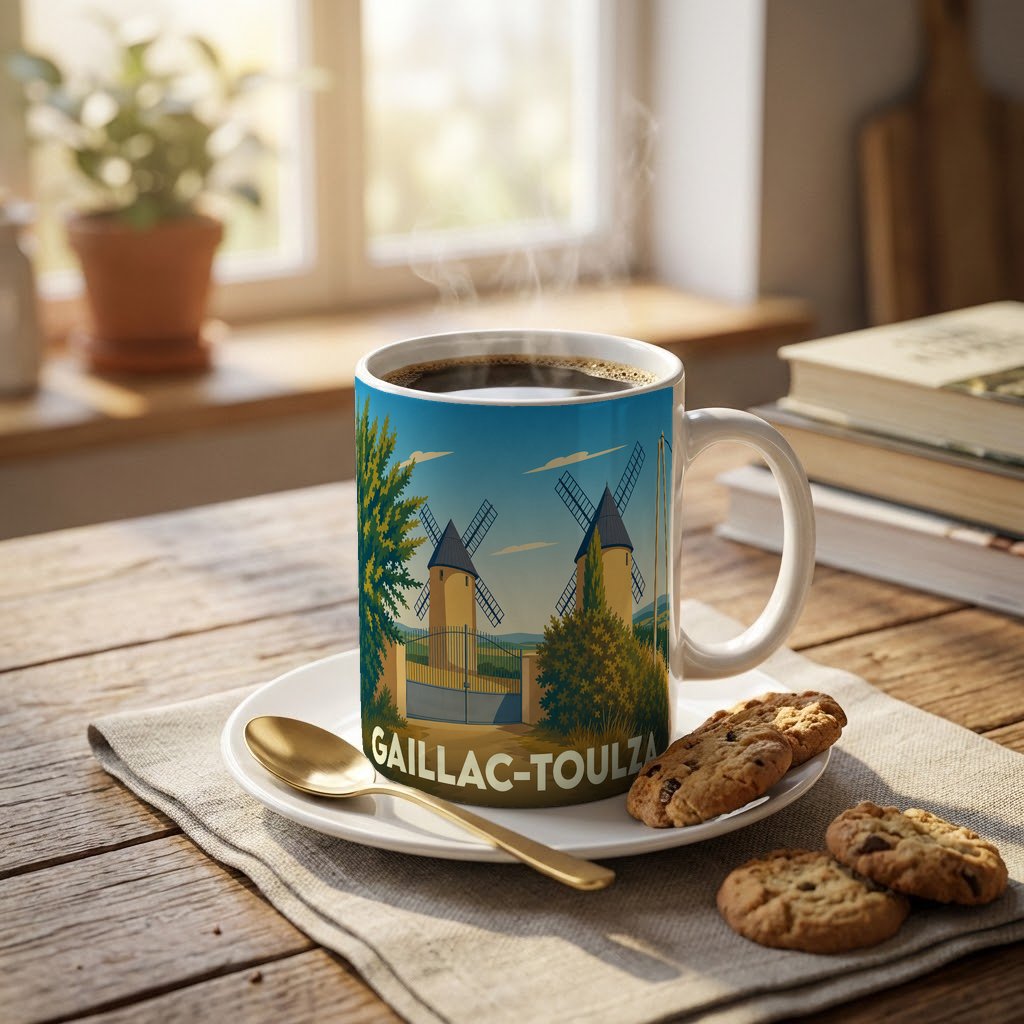 Mug souvenir de la ville de Gaillac-Toulza orné d'une illustration stylisée de moulins à vent.