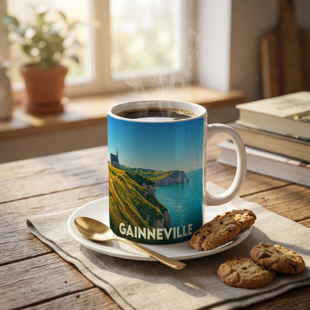 Mug souvenir de la ville de Gainneville avec une illustration stylisée des falaises d'Étretat.