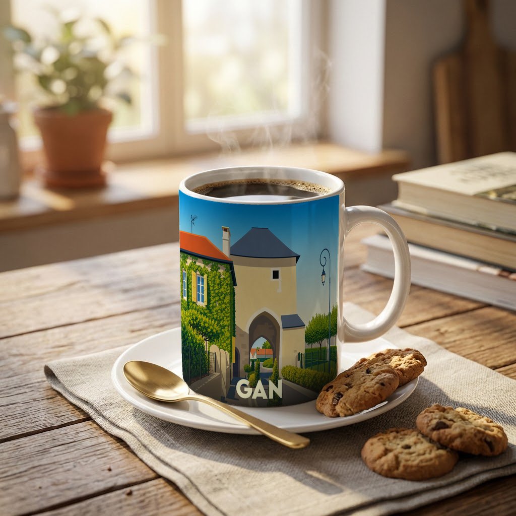 Mug souvenir de la ville de Gan orné d'une illustration stylisée de son patrimoine architectural.