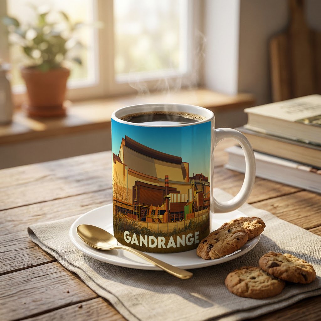 Mug souvenir de la ville de Gandrange avec une illustration stylisée d'un site industriel.