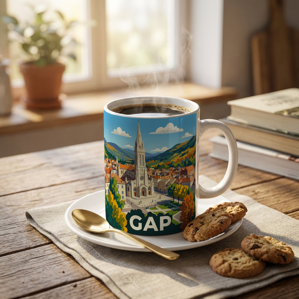 Mug souvenir de la ville de Gap avec une illustration stylisée.