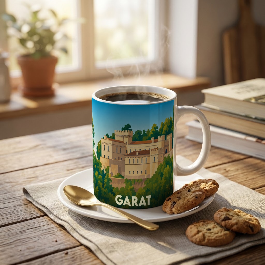 Mug souvenir de la ville de Garat illustré d'un château stylisé entouré de verdure.