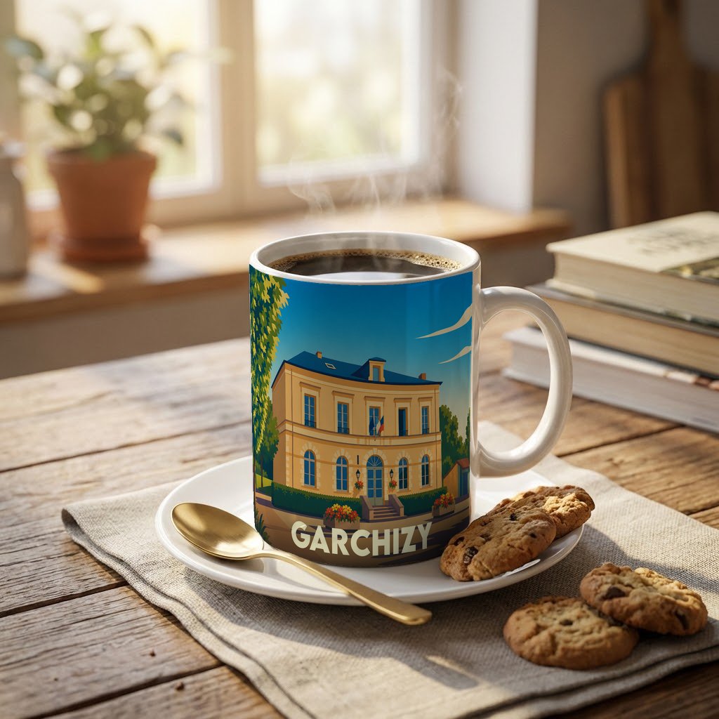 Mug souvenir de la ville de Garchizy avec une illustration stylisée de l'hôtel de ville.