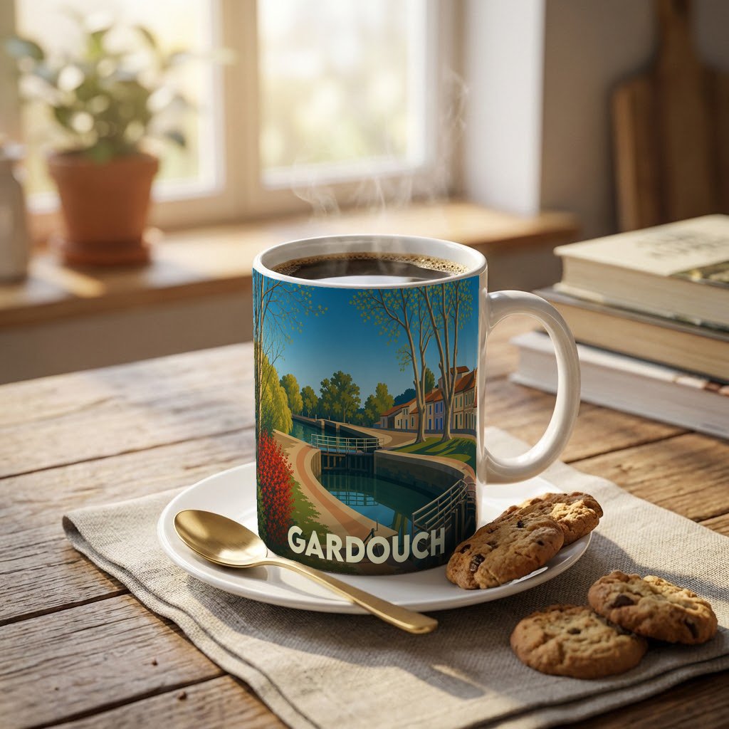 Mug souvenir de la ville de Gardouch avec une illustration stylisée du canal du Midi.