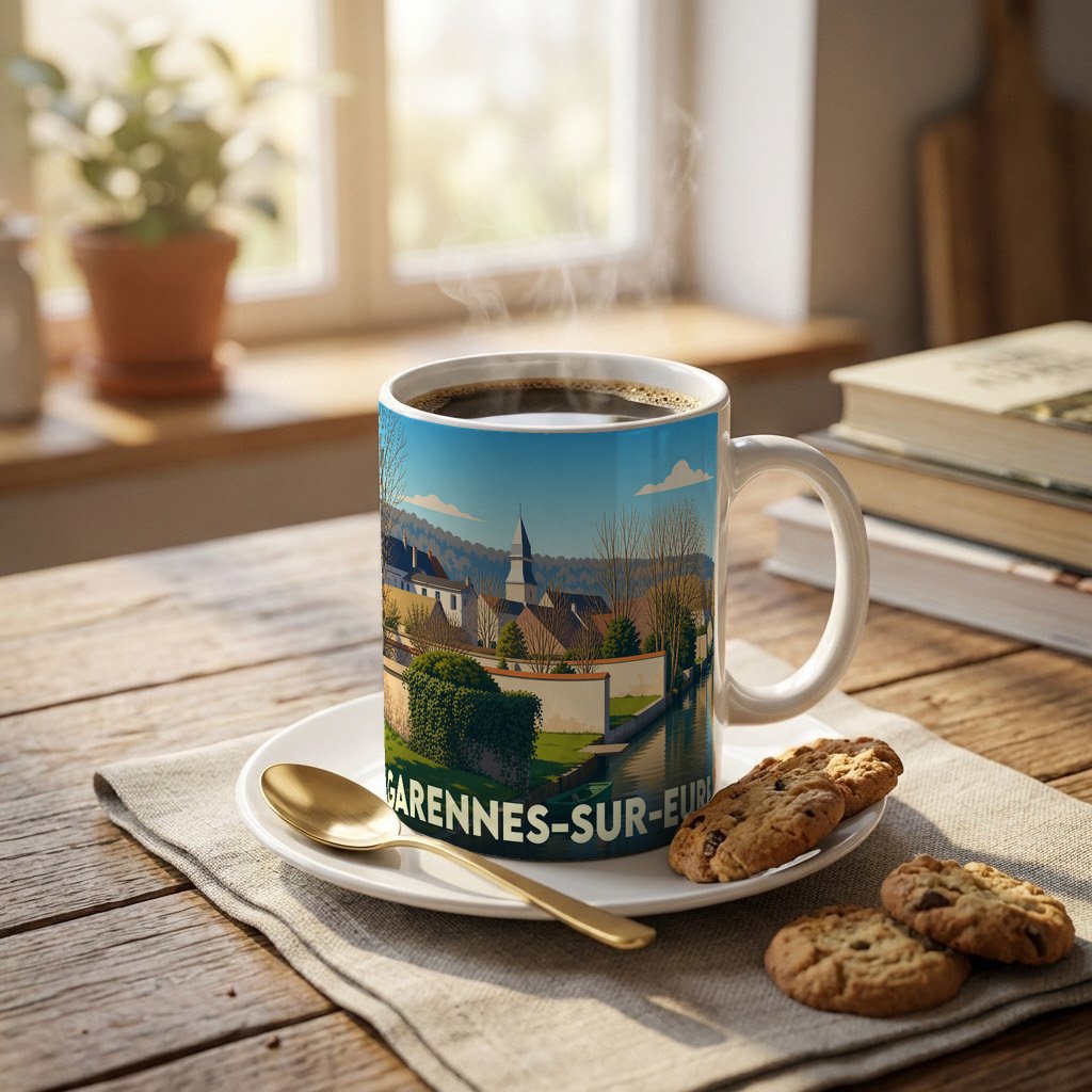 Mug souvenir de la ville de Garennes-sur-Eure orné d'une illustration paysagère stylisée.