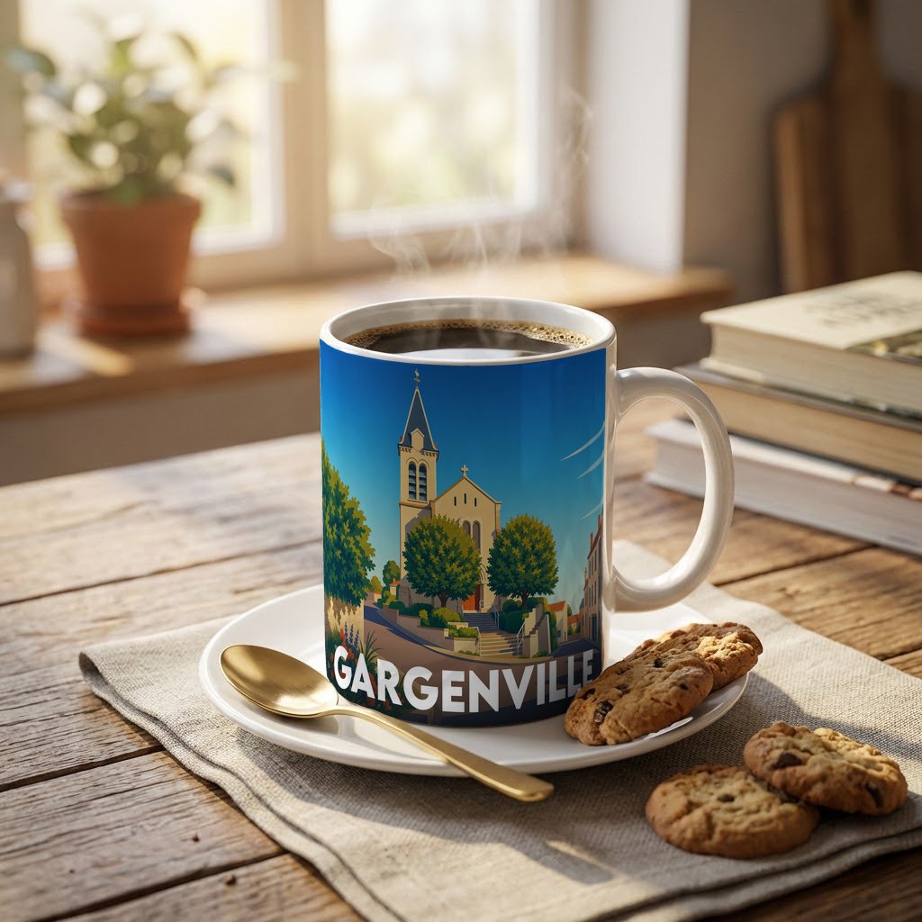 Mug souvenir de la ville de Gargenville orné d'une illustration stylisée de son église et de ses environs.