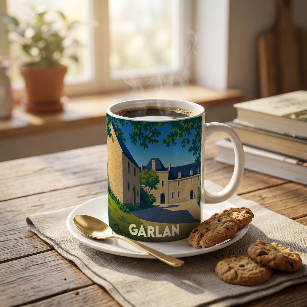 Mug souvenir de la ville de Garlan orné d'une illustration stylisée de ses bâtiments historiques.