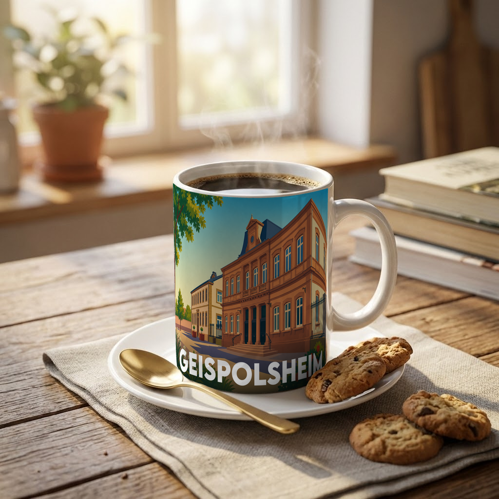 Mug souvenir de la ville de Geispolsheim avec une illustration stylisée.