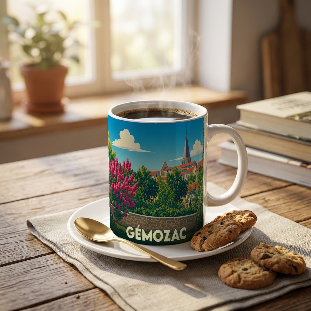 Mug souvenir de la ville de Gémozac avec une illustration stylisée d'un paysage urbain arboré.