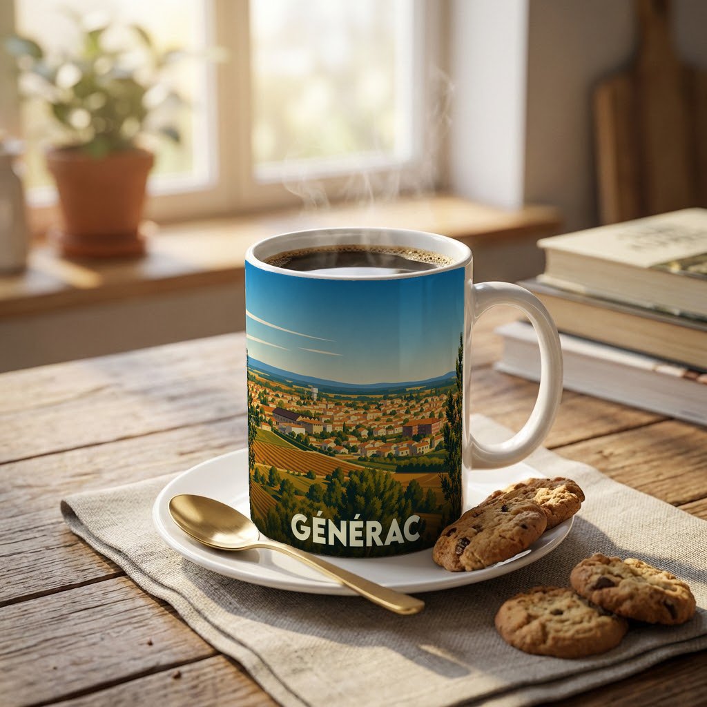 Mug souvenir de la ville de Générac avec une illustration stylisée de son paysage urbain et rural.