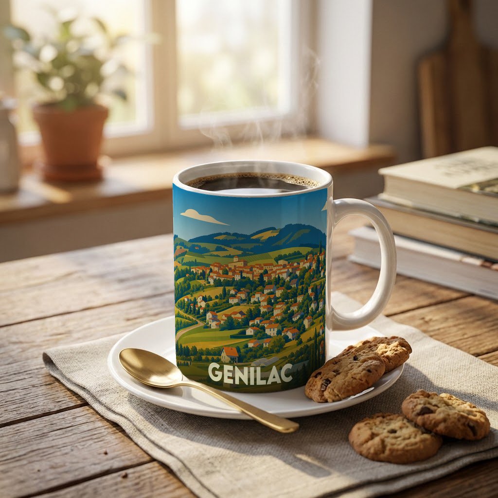 Mug souvenir de la ville de Genilac orné d'une illustration paysagère stylisée.