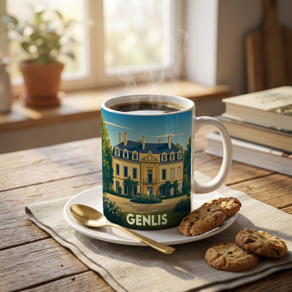 Mug souvenir de la ville de Genlis orné d'une illustration stylisée d'un château.