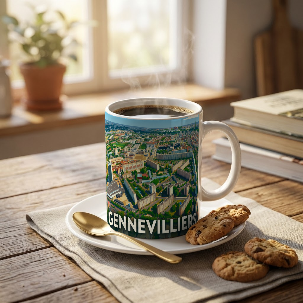 Mug souvenir de la ville de Gennevilliers avec une illustration stylisée.
