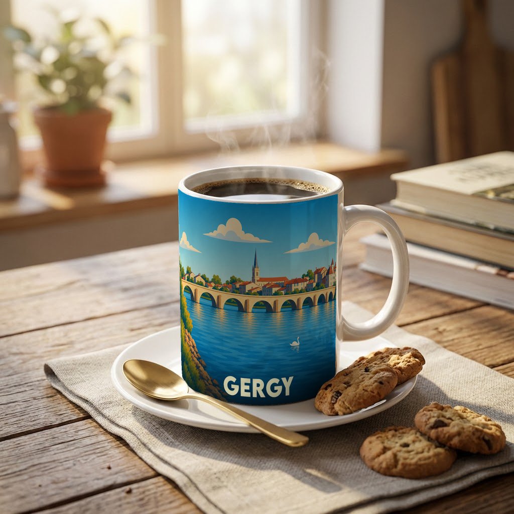 Mug souvenir de la ville de Gergy orné d'une illustration stylisée de son pont et de son église.