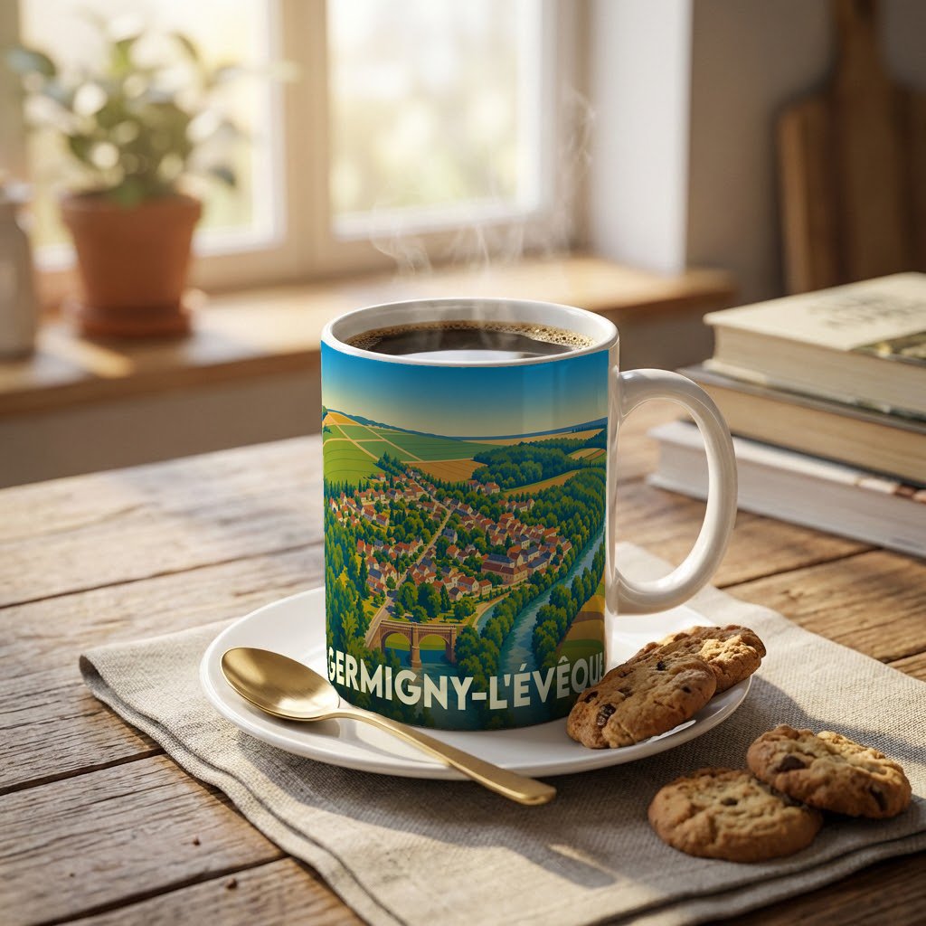 Mug souvenir de la ville de Germigny-l'Évêque orné d'une illustration paysagère stylisée.