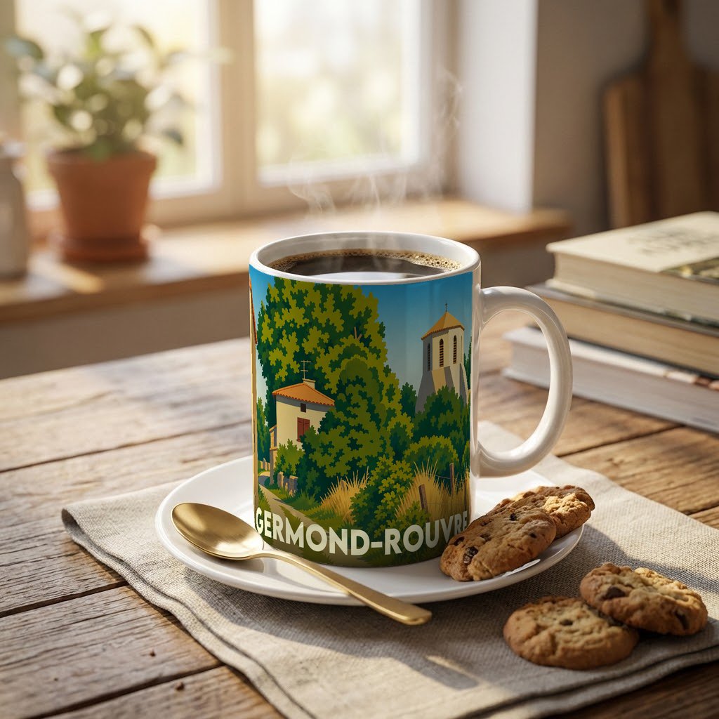 Mug souvenir de la ville de Germond-Rouvre avec une illustration stylisée d'un paysage de village.