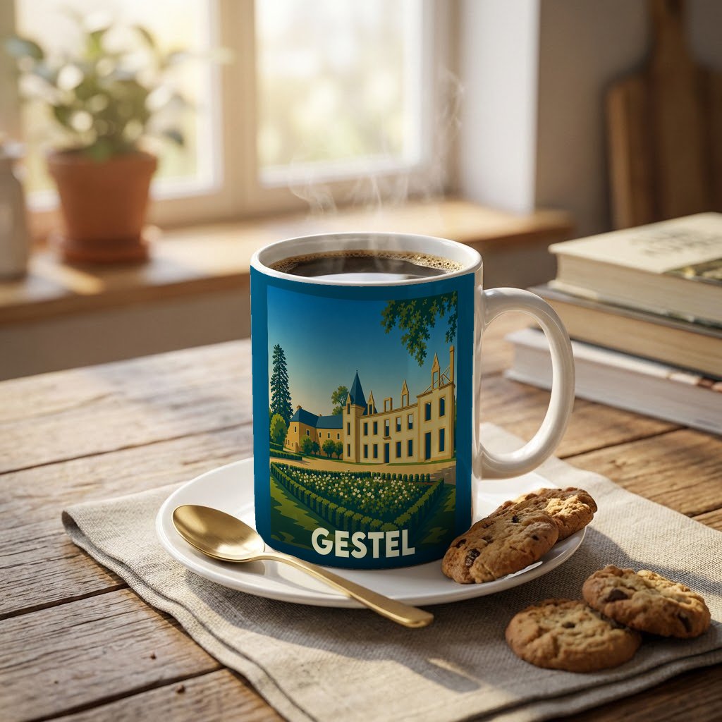 Mug souvenir de la ville de Gestel orné d'une illustration stylisée d'un château et de ses jardins.