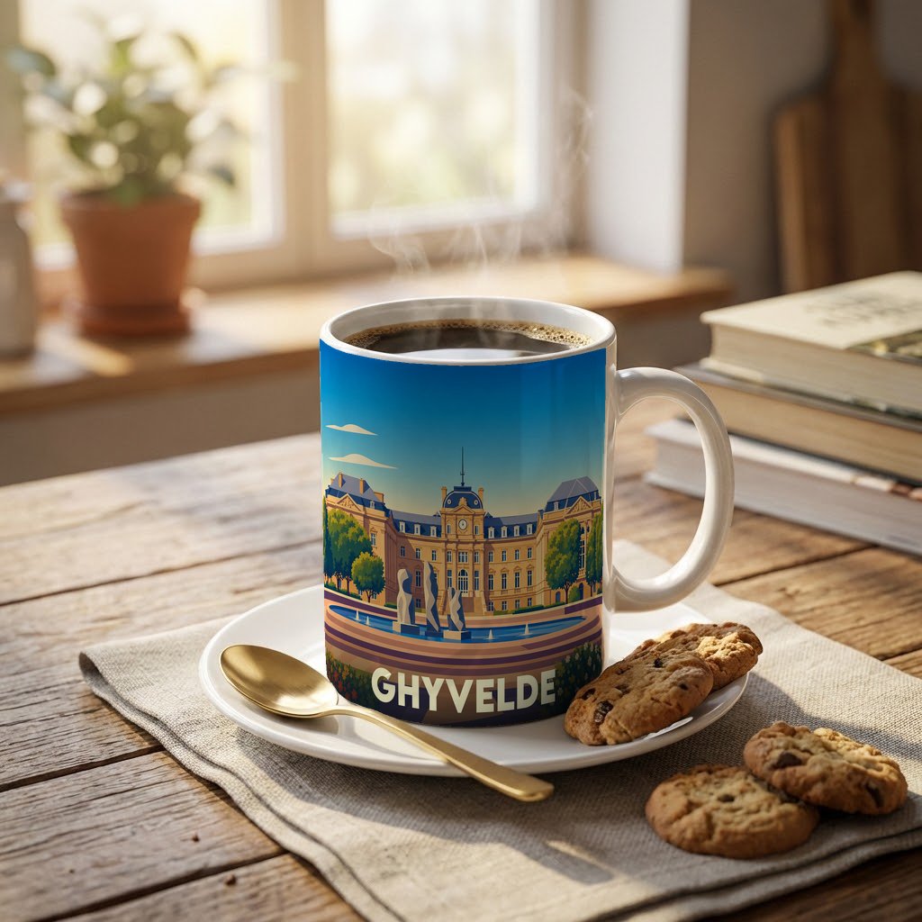 Mug souvenir de la ville de Ghyvelde avec une illustration stylisée d'un bâtiment historique et d'une fontaine.