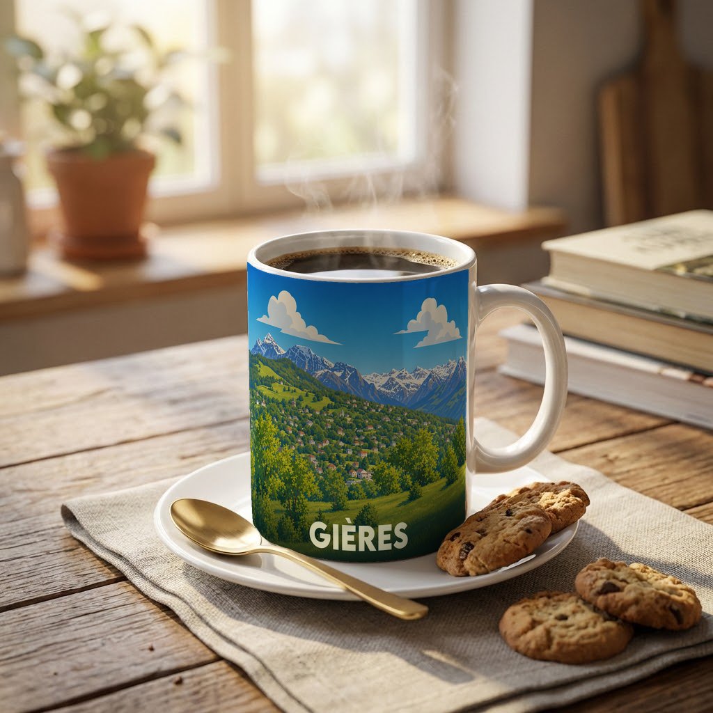 Mug souvenir de la ville de Gières illustré d'un paysage montagneux stylisé.