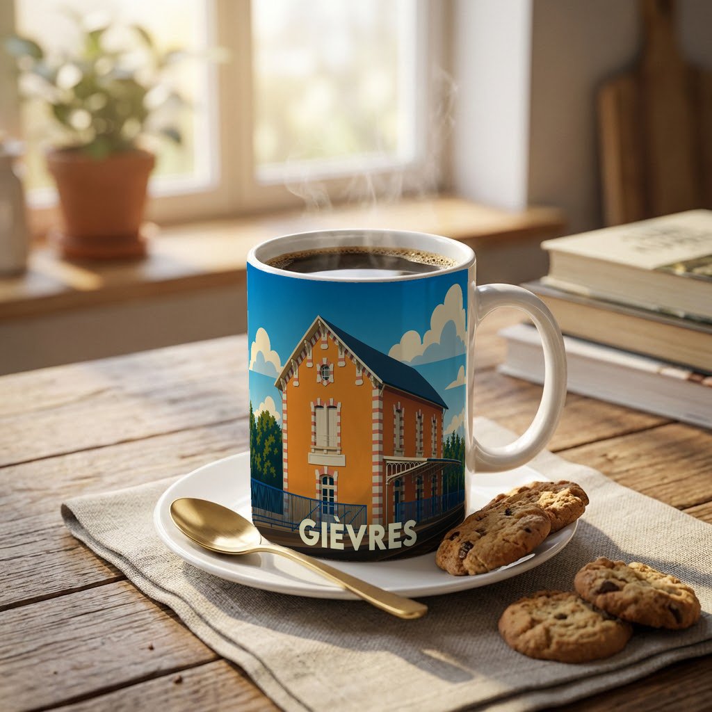 Mug souvenir de la ville de Gièvres orné d'une illustration stylisée de sa gare sur une table en bois.