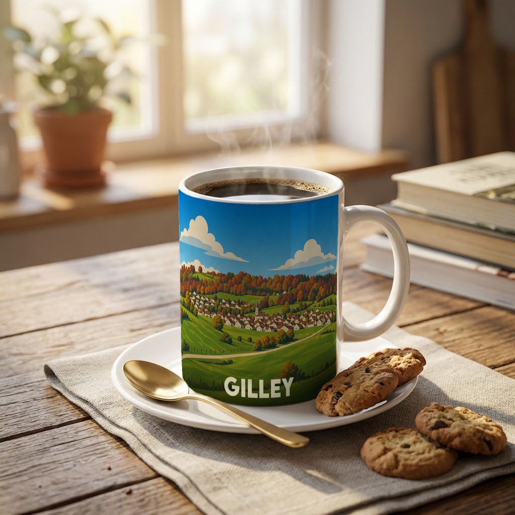 Mug souvenir de la ville de Gilley orné d'une illustration paysagère stylisée.