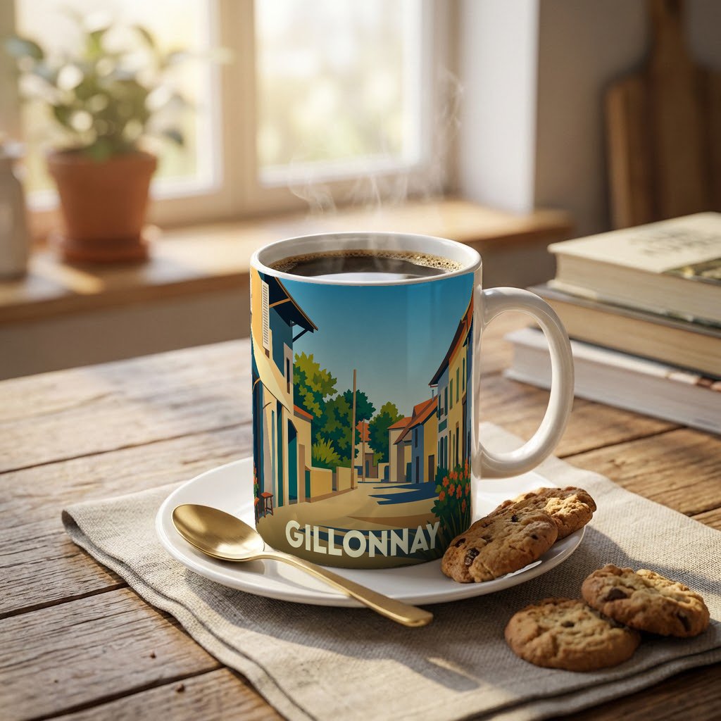 Mug souvenir de la ville de Gillonnay illustré par une scène de rue colorée et stylisée.