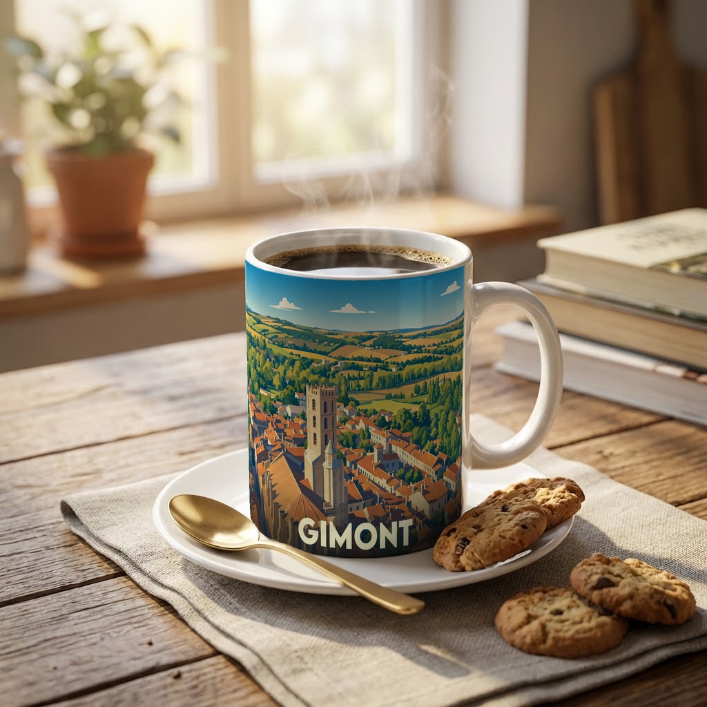 Mug souvenir de la ville de Gimont illustré d'un paysage urbain et vallonné stylisé.