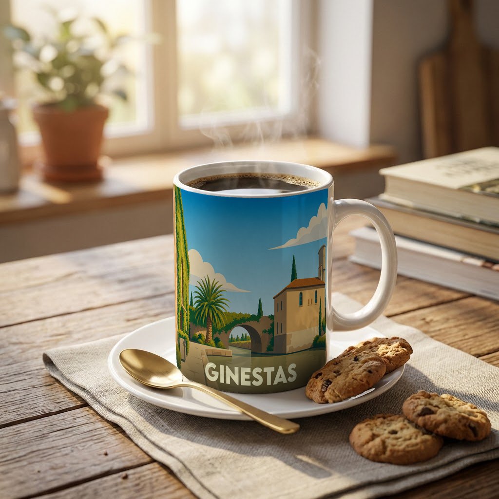 Mug souvenir de la ville de Ginestas avec une illustration stylisée de son paysage urbain.