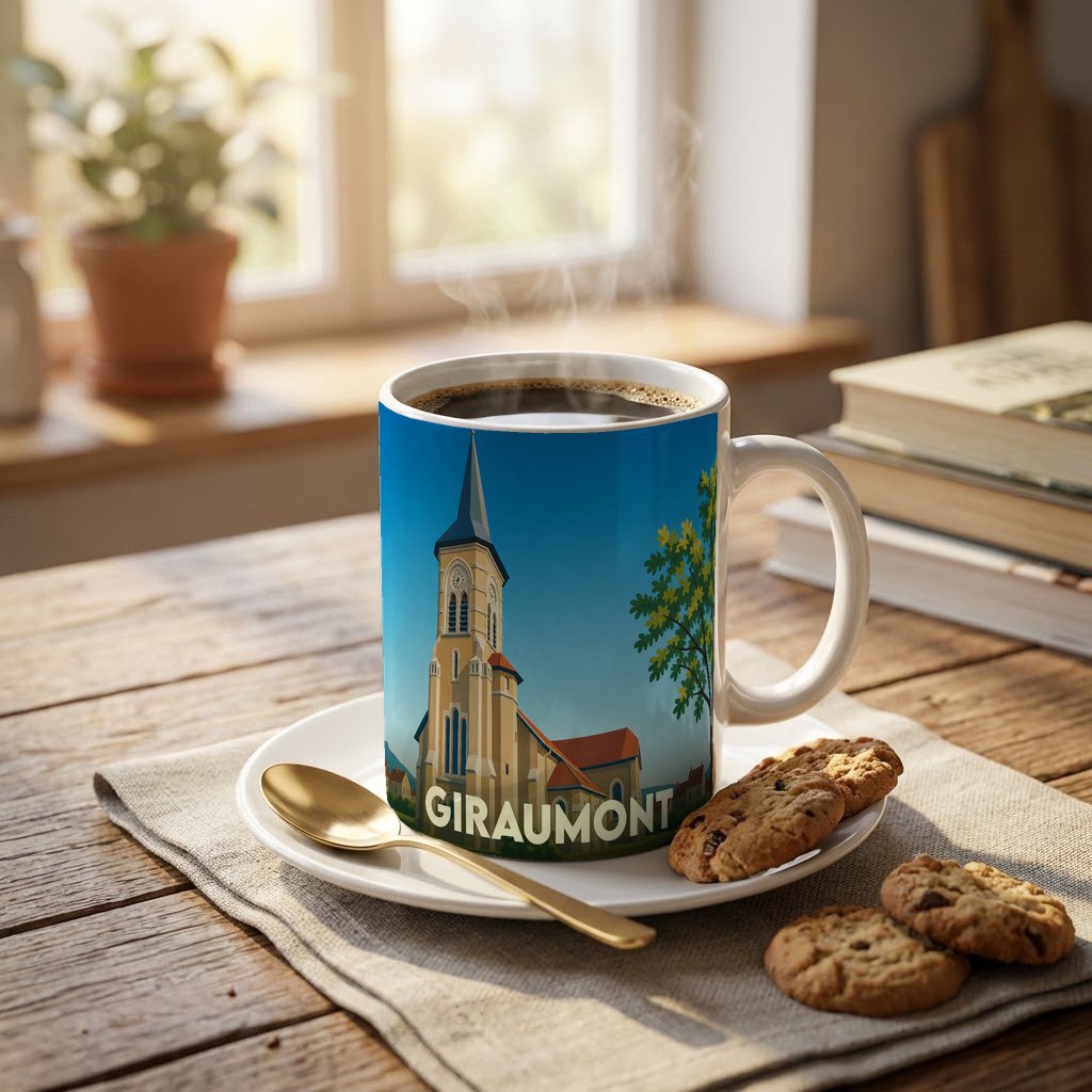 Mug souvenir de la ville de Giraumont illustré d'une église stylisée sous un ciel bleu.