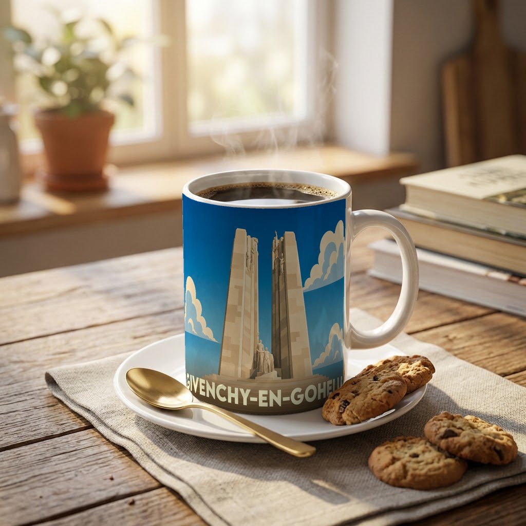 Mug souvenir de la ville de Givenchy-en-Gohelle illustrant le Mémorial de Vimy dans un style épuré.