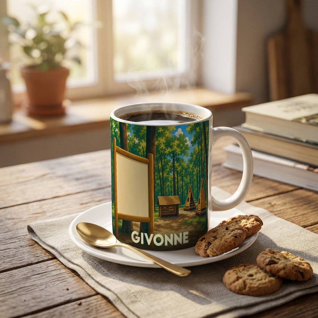Mug souvenir de la ville de Givonne orné d'une illustration de forêt stylisée.