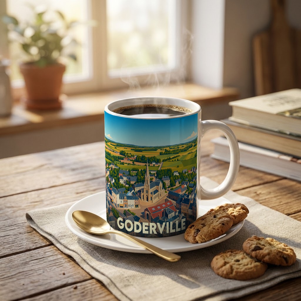 Mug souvenir de la ville de Goderville orné d'une illustration panoramique colorée.