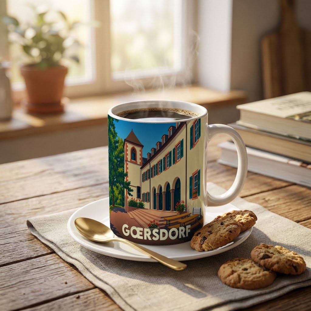 Mug souvenir de la ville de Gœrsdorf orné d'une illustration stylisée de son architecture.