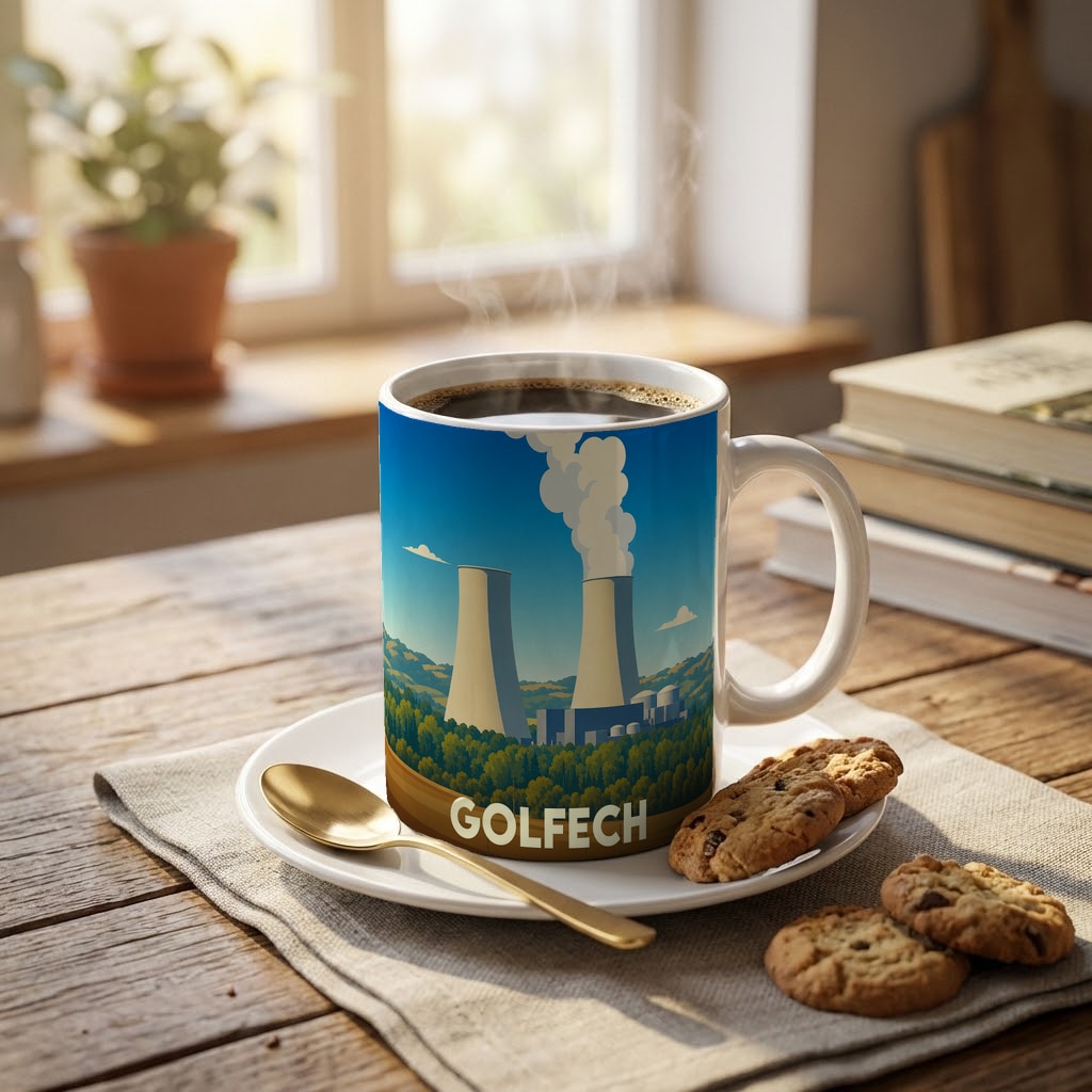 Mug souvenir de la ville de Golfech avec une illustration stylisée d'une centrale nucléaire.