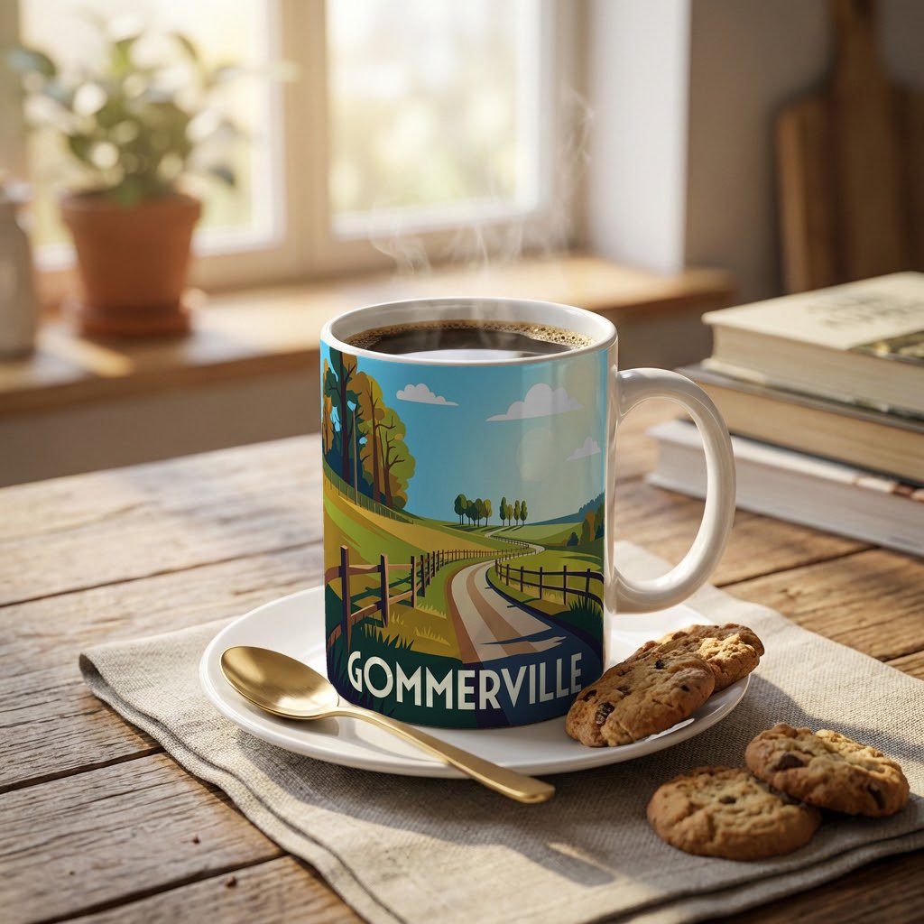Mug souvenir de la ville de Gommerville avec une illustration stylisée.