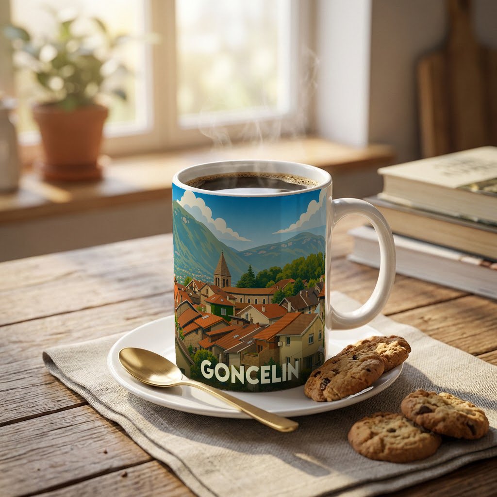 Mug souvenir de la ville de Goncelin orné d'une illustration stylisée de ses paysages et habitations.