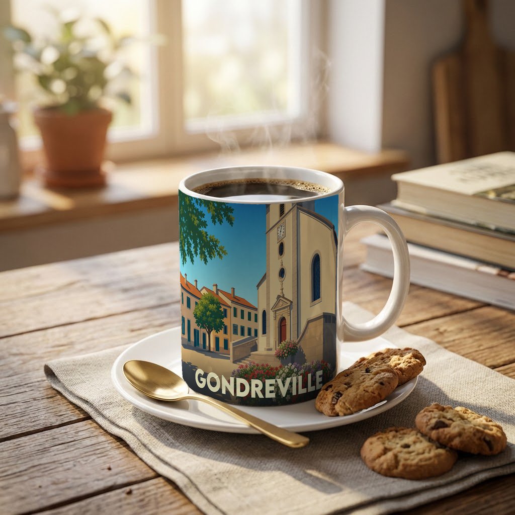 Mug souvenir de la ville de Gondreville orné d'une illustration stylisée de son église et de ses maisons.