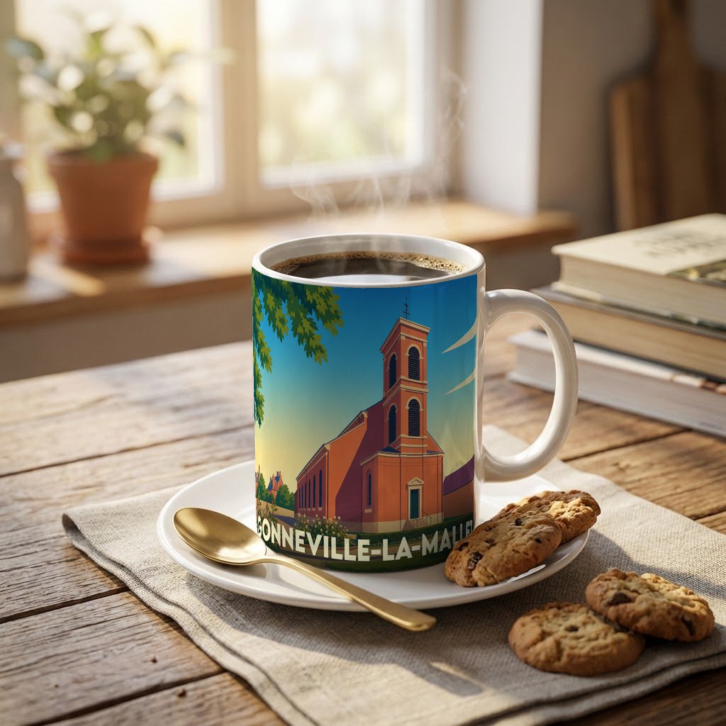 Mug souvenir de la ville de Gonneville-la-Mallet avec une illustration stylisée de son église.