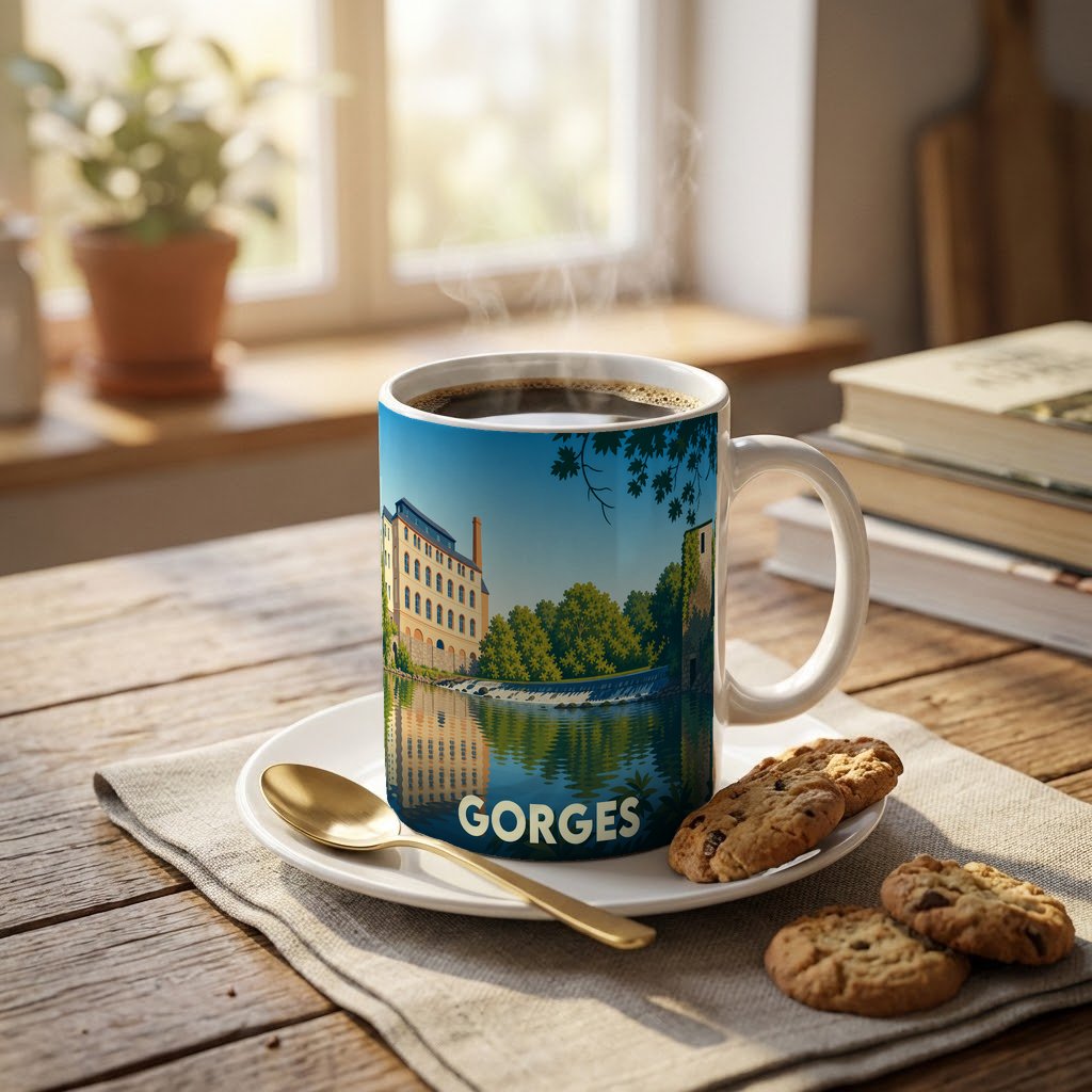 Mug souvenir de la ville de Gorges orné d'une illustration stylisée de son paysage fluvial.